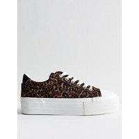 New Look Brown Leopard Print Lace Up Canvas Trainers - Beige