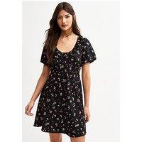 New Look Black Crepe Floral Berry Dot Print Frill Neck Mini Dress