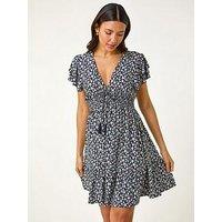 Roman Ditsy Frill Stretch Dress - Navy