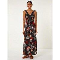 Roman Palm Print Contrast Band Maxi Dress - Orange