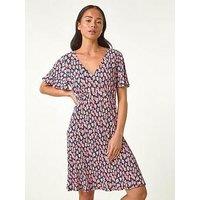 Roman Petite Ditsy Floral Print Pleat Dress - Black