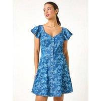 Roman Denim Print Buttoned Mini Dress - Blue