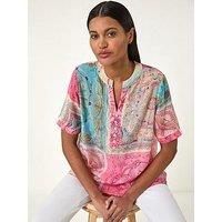 Roman Scarf Print Hotfix Buttoned Top - Pink