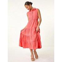 Roman Petite Cotton Pocket Tiered Midi Dress - Pink