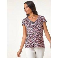 Roman Petite Floral Print Crinkle V-Neck Top - Pink