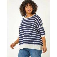 Roman Curve Crochet Stripe Knit Top - Navy