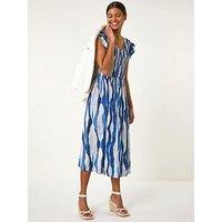 Roman Wave Print Shirred Midi Dress - Blue