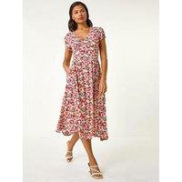 Roman Floral Print Tea Midi Dress - Red