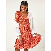 Roman Floral Print V-Neck Smock Dress - Orange