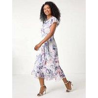 Roman Petite Floral Print Wrap Frill Midi Dress - Grey