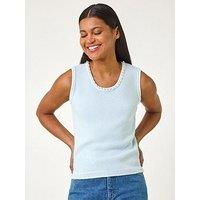 Roman Pearl Detail Knit Vest - Blue