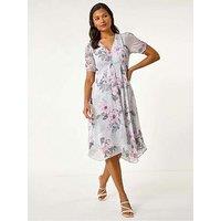 Roman Floral Print Hanky Hem Midi Dress - Pink