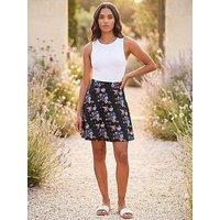 Roman Floral Print Skater Stretch Skirt - Black