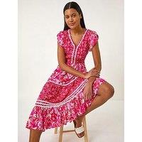 Roman Floral Contrast Stitch Midi Dress - Pink