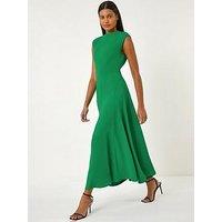 Roman High Neck Pleated Midi Dress - Green