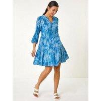 Roman Tie Dye Print Shimmer Smock Dress - Blue