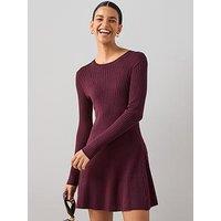 The Very Collection Crew Neck Fit & Flare Knitted Mini Dress - Burgundy