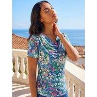 Roman Floral Print Cowl Neck Stretch Top - Navy