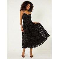 Roman Dusk Floral V-Neck Strap Midi Dress - Black