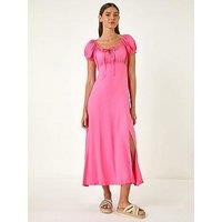 Roman Puff Sleeve Linen Mix Midi Dress - Pink