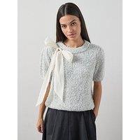 The Very Collection Short Sleeve Boucle Jumper With Organza Bow - Grey