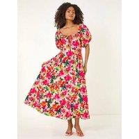Roman Floral Pleated Puff Dress - Red