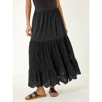 Roman Tiered Broderie Maxi Skirt - Black