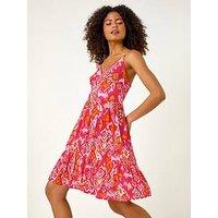 Roman Dusk Print V-Neck Button Dress - Pink