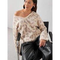 The Very Collection V Neck Leopard Sequin Jumper With Wool - Neutral