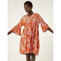 Roman Abstract Print Crinkle Smock Dress - Orange