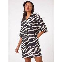 Roman Zebra Print Shirt Dress - Black