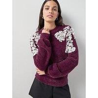 The Very Collection Crew Neck Fluffy Jumper With Organza Bows - Burgundy