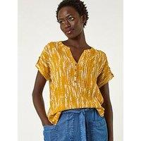 Roman Abstract Print Button Detail Top - Yellow