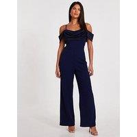 Quiz Navy Satin Cold Shoulder Jumpsuit