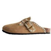 New Look Faux Suede Whipstitched Mules - Brown