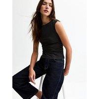 New Look Black Jersey Cap Sleeve Ruched Tank Top