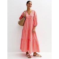 New Look Gingham Check Tiered Midi Dress - Pink