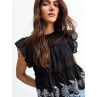 New Look Floral Embroidered Frilly Trim Top - Black