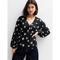New Look Black Daisy Print V-Neck Long Sleeve Blouse
