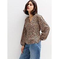 New Look Brown Leopard Print V-Neck Long Sleeve Blouse