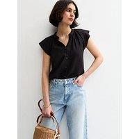 New Look Flutter Sleeve Button Up Top - Black