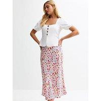 New Look Fruit And Floral Print Satin Midi Skirt - White