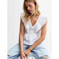 New Look Laced Frilly Button V-Neck Top - White