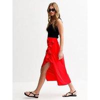 New Look Textured Ruffle Side Midi Skirt - Bright Red