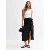 New Look Textured Ruffle Side Midi Skirt - Black