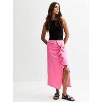 New Look Textured Ruffle Side Midi Skirt - Bright Pink