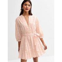 New Look Broderie Long Sleeve Smock Dress - Light Pink