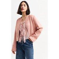 New Look Faux Suede Collarless Jacket - Pink