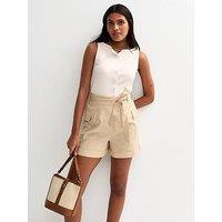 New Look Stone Tie Waist Utility Shorts - Beige