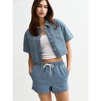New Look Navy Stripe Print Drawstring Denim Shorts - Blue